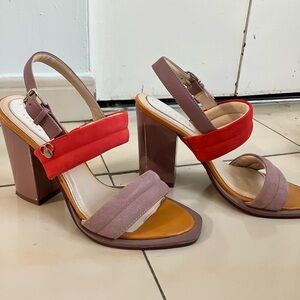 Ted Baker Two Tone Red Taupe and Tan Block Heels Sandals